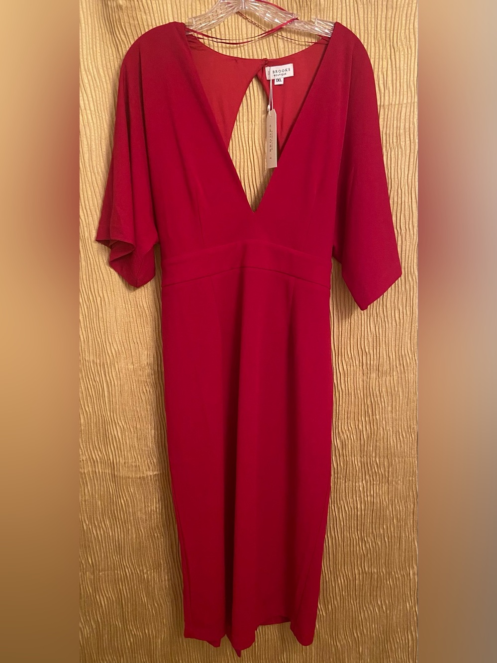 J. Brooks Boutique Red V-Neck, Open Back Midi Dress with Flutter Sleeves